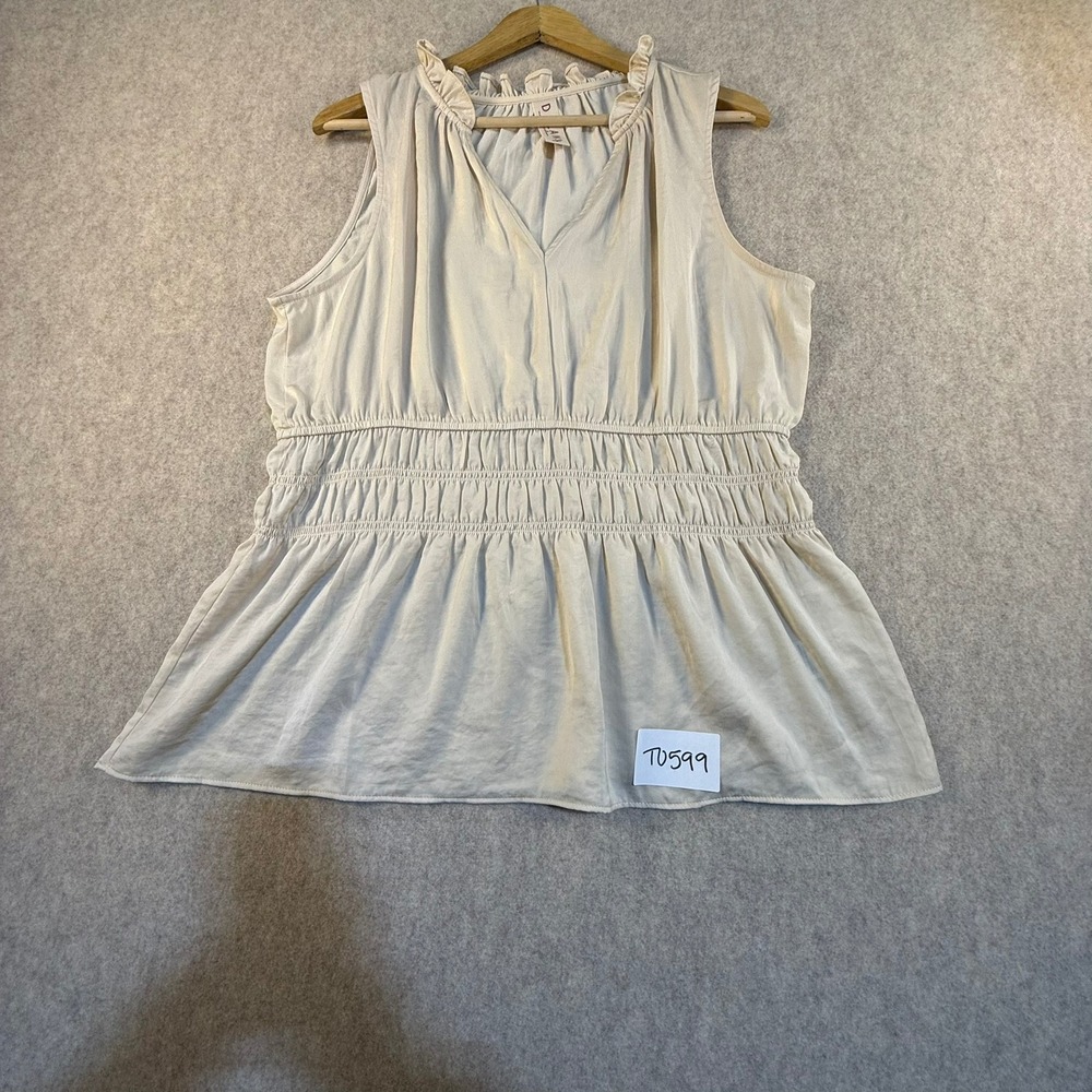 Dolan Left Coast Women L Beige‎ Smocked Peplum V-Neck Ruffle Sleeveless Blouse